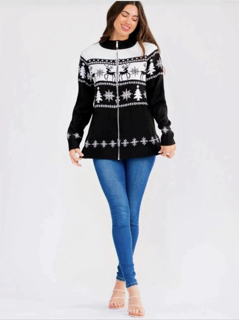 Tres Chic Fair Isle Zip Sweater in Black & White Size Small NWT